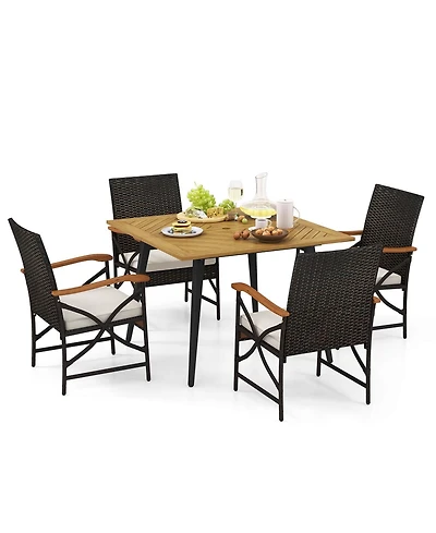 5 Pcs Patio Pe Wicker Dining Set Table and Chairs with Cushions 1.9" Umbrella Hole