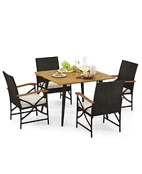 5 Pcs Patio Pe Wicker Dining Set Table and Chairs with Cushions 1.9" Umbrella Hole