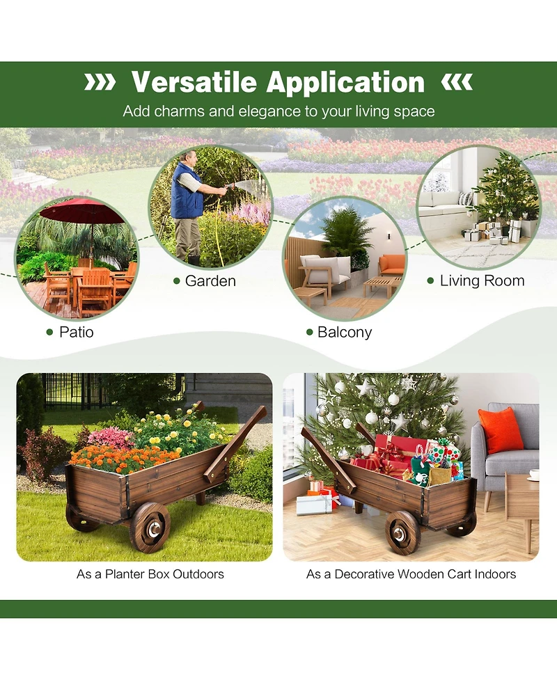 Sugift Wooden Wagon Planter Box with Wheels Handles and Drainage Hole-Rustic Brown