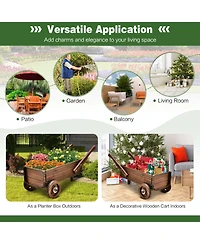 Sugift Wooden Wagon Planter Box with Wheels Handles and Drainage Hole-Rustic Brown