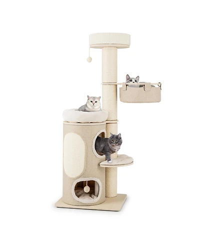 Sugift 61 Inches Cat Tree for Indoor Cats with 2-stoery Condo and Top Perch-Natural