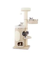 Sugift 61 Inches Cat Tree for Indoor Cats with 2-stoery Condo and Top Perch-Natural