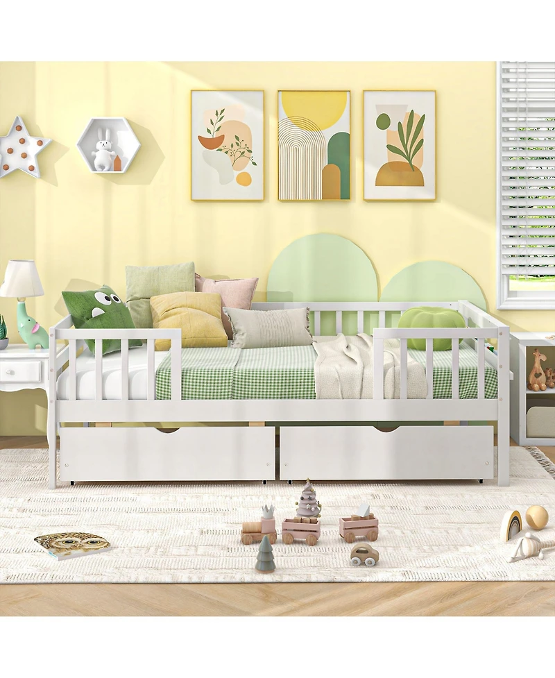 Twin Daybed with Fence and 2 Drawers Kids Bed for Boys & Girls-White