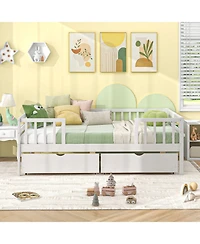 Twin Daybed with Fence and 2 Drawers Kids Bed for Boys & Girls-White