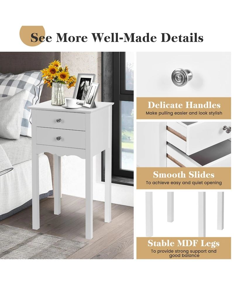 Sugift Side Table End Accent Table with 2 Drawers-White