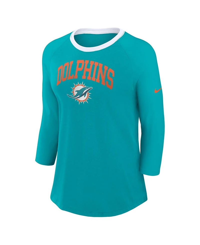 Nike Women's Aqua Miami Dolphins Raglan 3/4 Sleeve T-Shirt