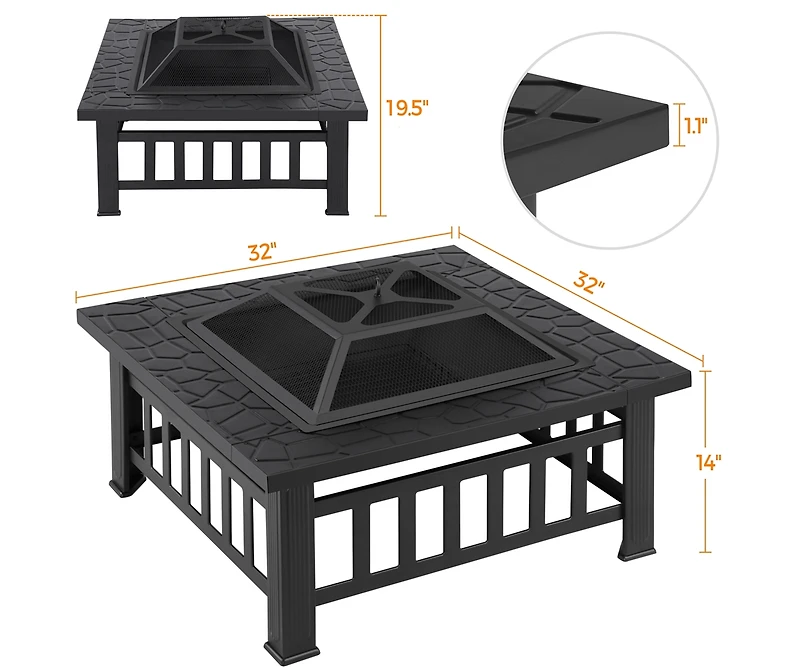 Yaheetech 32'' Outdoor Square Fire Pit with Cover & Poker