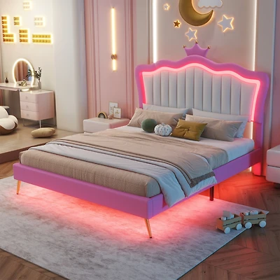 Streamdale Furniture Led Upholstered Princess Bed with Crown Headboard