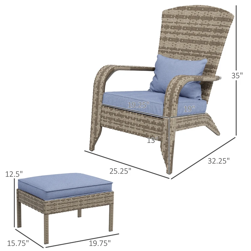 Wicker Adirondack Chair with Ottoman and Cushions for Outdoor Fire Pit