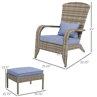 Wicker Adirondack Chair with Ottoman and Cushions for Outdoor Fire Pit