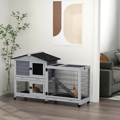 2-Story Rabbit Hutch with Slide-Out Tray and Wheels