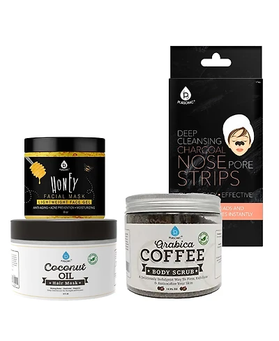 Pursonic Pamper & Glow Gift Bundle (6 pack Deep Cleansing Charcoal Nose Pore Strip, 100% Natural Arabica Coffee Body Scrub 14 Oz, 100% Natural Coconut