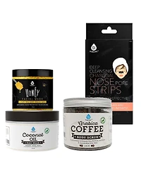 Pursonic Pamper & Glow Gift Bundle (6 pack Deep Cleansing Charcoal Nose Pore Strip, 100% Natural Arabica Coffee Body Scrub 14 Oz, 100% Natural Coconut