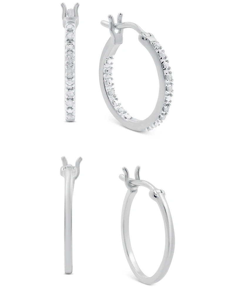 2-Pc. Set Diamond In & Out and Polished Small Hoop Earrings (1/6 ct. t.w.) in Sterling Silver
