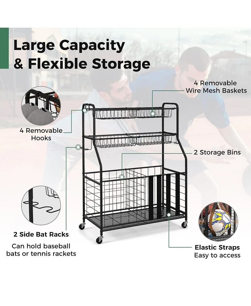 Sugift Garage Sports Equipment Organizer with Hooks & Baskets for Basketball