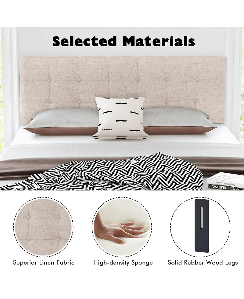 Linen Upholstered Headboard with Solid Rubber Wood Legs-Gray