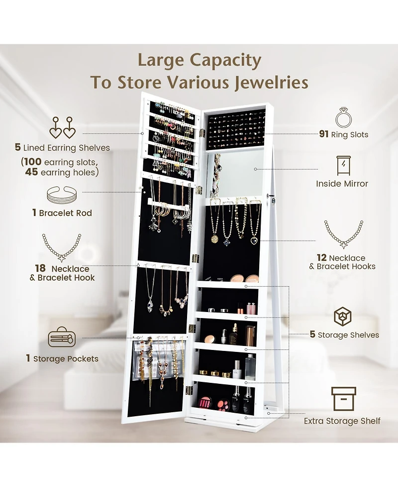 Skonyon Standing Lockable Jewelry Storage Organizer with Full-Length Mirror-White