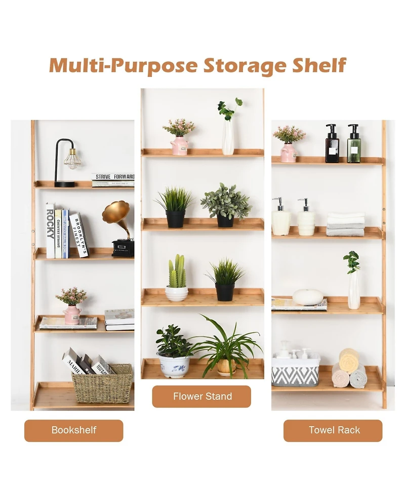 Skonyon 5-Tier Ladder Shelf Bamboo Bookshelf Wall-Leaning Storage Display Plant Stand-Natural