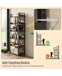 Skonyon 6-Tier Tall Industrial Bookcase with Open Shelves and 4 Hooks-Brown