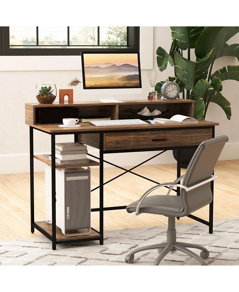 Skonyon 48 Inch Computer Desk with Monitor Stand Drawer and Shelves-Rustic Brown
