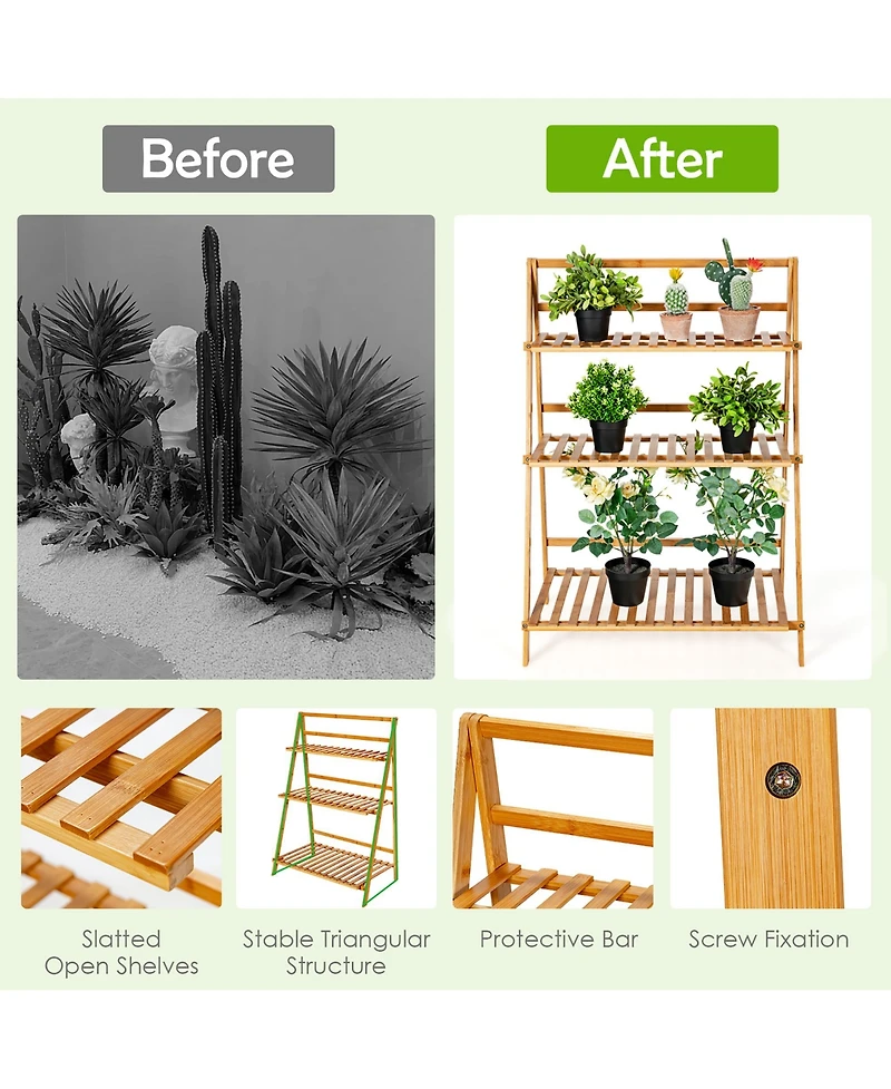 3 Tier Outdoor Bamboo Flower Pot Shelf Stand Folding Display Rack Garden Yard