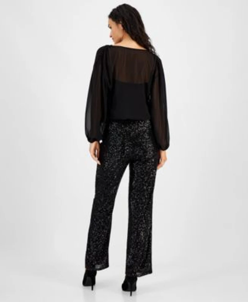 Vince Camuto Womens Overlapping Long Sleeve Top Pull On Sequined Flared Pants