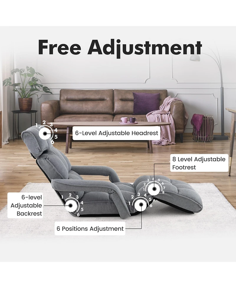 Skonyon 6-Position Adjustable Floor Chair with Adjustable Armrests and Footrest-Gray
