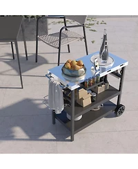 Sugift 3 Tiers Foldable Outdoor Cart on 2 Wheels with Phone Holder-Black