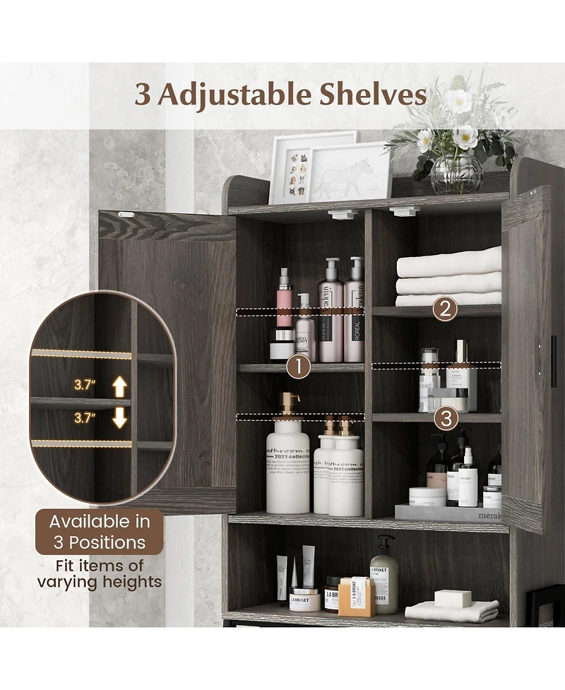 Sugift Over the Toilet Storage Cabinet Space Saver Organizer with Double Doors-Gray