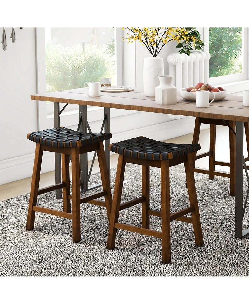 Faux Pu Leather Bar Height Stools Set of 2 with Woven Curved Seat-25 Inches