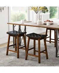 Faux Pu Leather Bar Height Stools Set of 2 with Woven Curved Seat-25 Inches