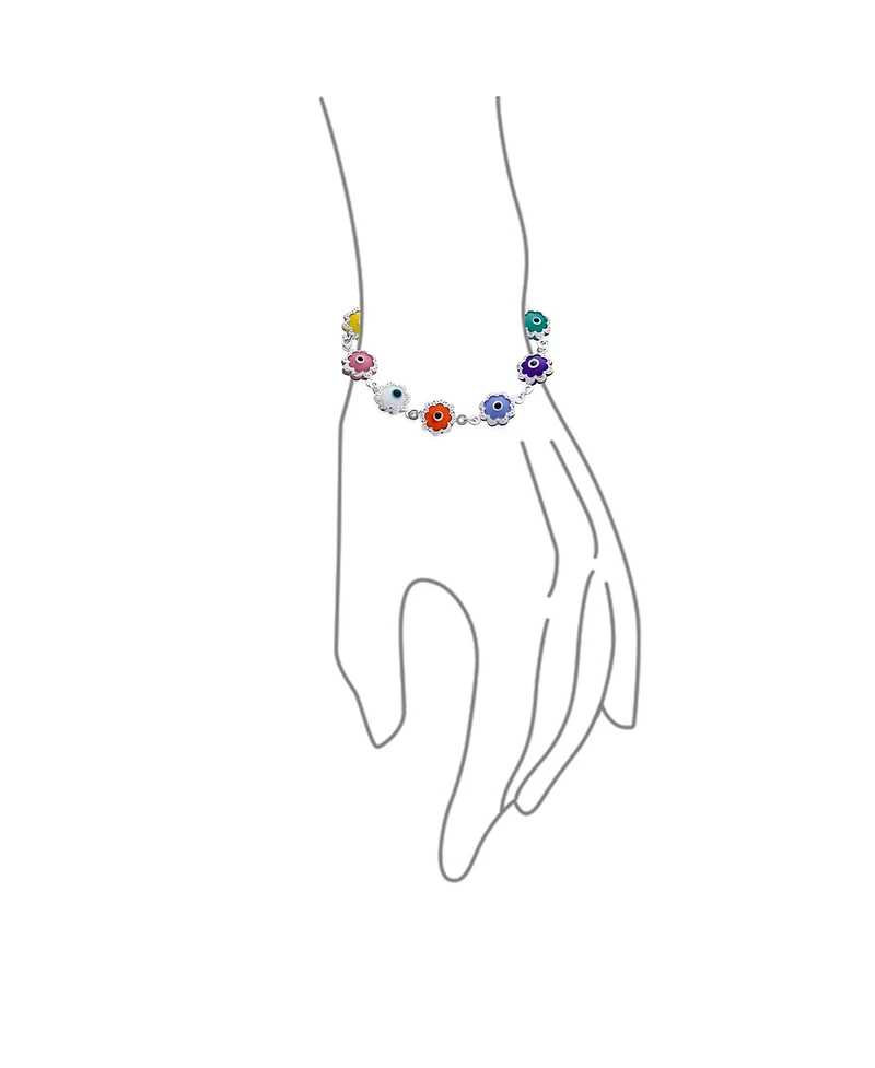 Bling Jewelry Protection Amulet Turkish Multi Color Charm Floral Round Flower Frame Evil Eyes Bracelet Sterling Silver 7.5 Inch