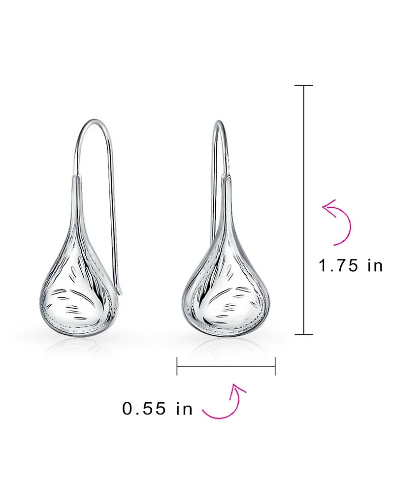 Bling Jewelry Carved Etched Puffed Pear Shaped Rain Drop Teardrop Earrings Fishhook Sterling Silver