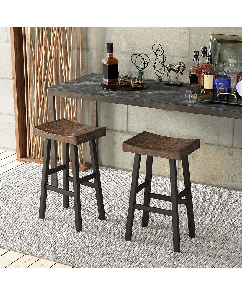 24" Bar Stool Set of 2 Counter Height Solid Wood Curved Saddle Seat Footrest