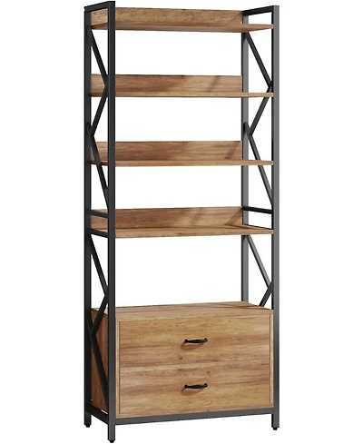 Tribesigns Bookshelf with Drawers, 70.8" Industrial Bookcase with 2 Drawers, 5 Shelf Open Shelf for Storage, Wood Book Shelf for Living Room, Bedroom,