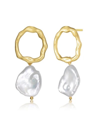 Sterling Silver Gold Plated with Genuine Freshwater Pearl Drop Round Earrings