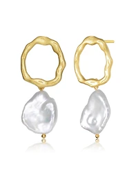 Sterling Silver Gold Plated with Genuine Freshwater Round Pearl Drop Earrings
