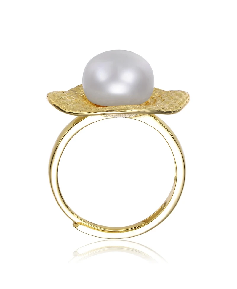 Sterling Silver 14k Gold Plated with Genuine Freshwater Pearl Hammered Ring