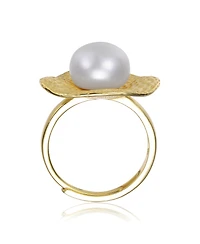 Sterling Silver 14k Gold Plated with Genuine Freshwater Pearl Hammered Ring
