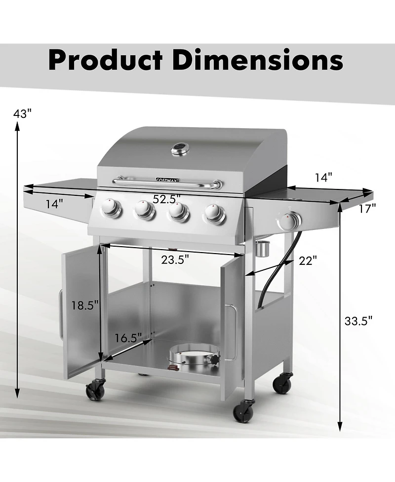 Skonyon 50000BTU 5-Burner Propane Gas Grill with Side Burner and 2 Prep Tables-Silver