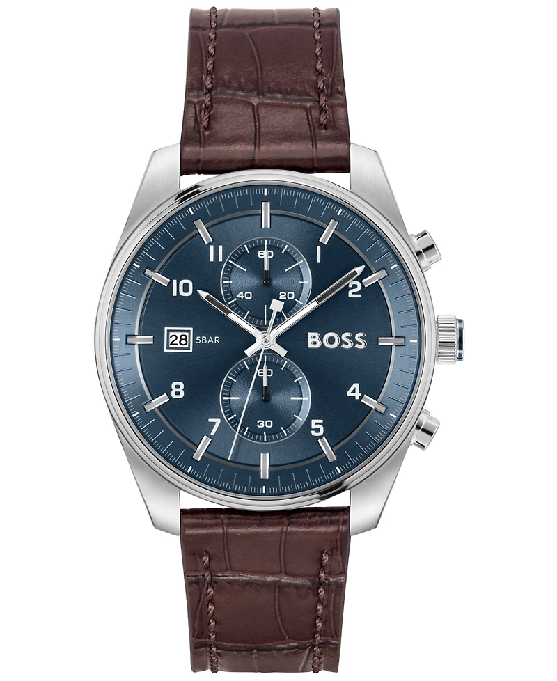 Hugo Boss Men's Sky Traveler Quartz Fashion Chrono Brown Croc Leather Watch 44mm