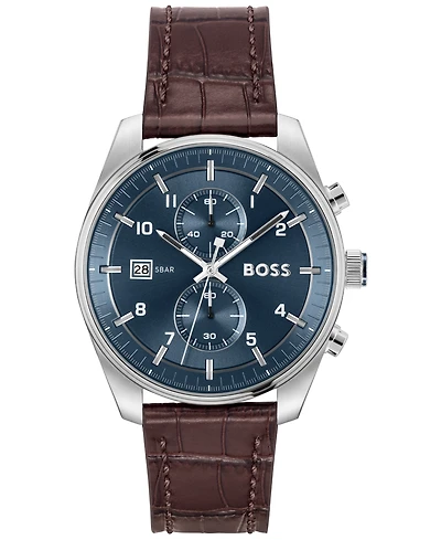 Hugo Boss Men's Sky Traveler Quartz Fashion Chrono Brown Croc Leather Watch 44mm