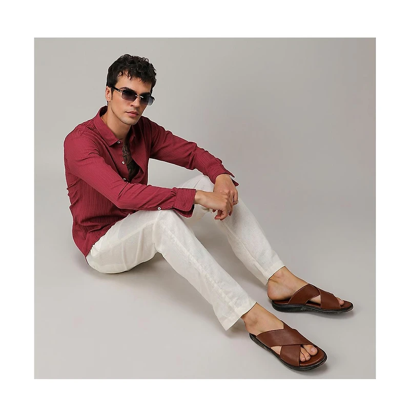 Men's Blush Red Self-Design Striped Shirt