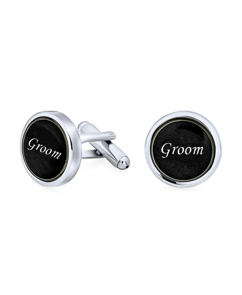 Bling Jewelry Groom Script Words Round Black White Shirt Cuff Links Groomsmen Party Gift Brass Bullet Hinge Back