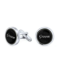Bling Jewelry Groom Script Words Round Black White Shirt Cuff Links Groomsmen Party Gift Brass Bullet Hinge Back