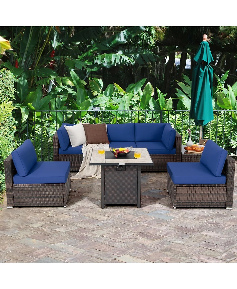 7PCS Patio Rattan Furniture Set 30'' Fire Pit Table Cover Cushion Sofa