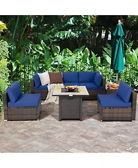 7PCS Patio Rattan Furniture Set 30'' Fire Pit Table Cover Cushion Sofa
