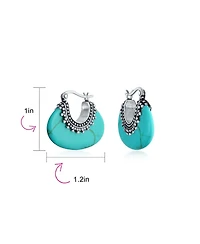 Bling Jewelry Boho Bali Style Tribal Oval Half Crescent Stone Hoop Earrings Oxidized Milgrain Caviar Bead Sterling Silver