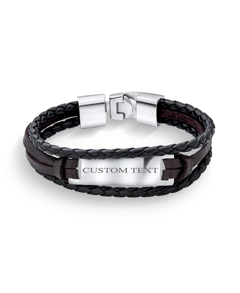 Bling Jewelry Black Rope Cord Brown leather Stacking Multi Strand Identification Name Bracelet Stainless Steel