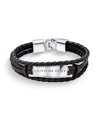 Bling Jewelry Black Rope Cord Brown leather Stacking Multi Strand Identification Name Bracelet Stainless Steel